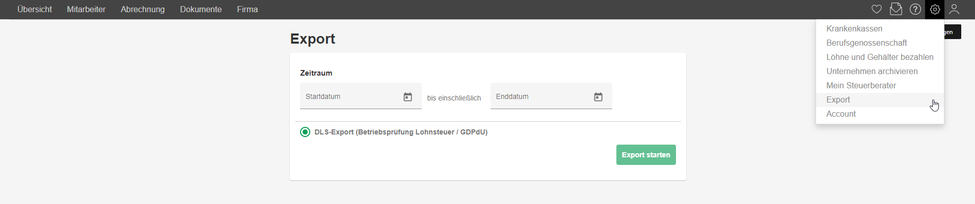 DLS Export (Betriebsprüferexport) für die Lohnsteuer Außenprüfung: Screenshot aus lexoffice Lohnprogramm
